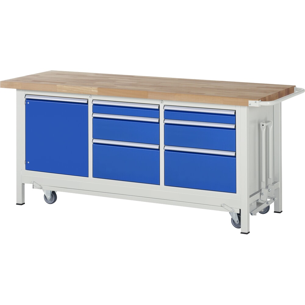 N° de l'image du produit 1 : RAU Établi série 8000 avec rouleur abaissable, 1 caisson triple, HxlxP 880 x 2 000 x 700 mm, 6 tiroirs, 1 porte battante, 1 tablette