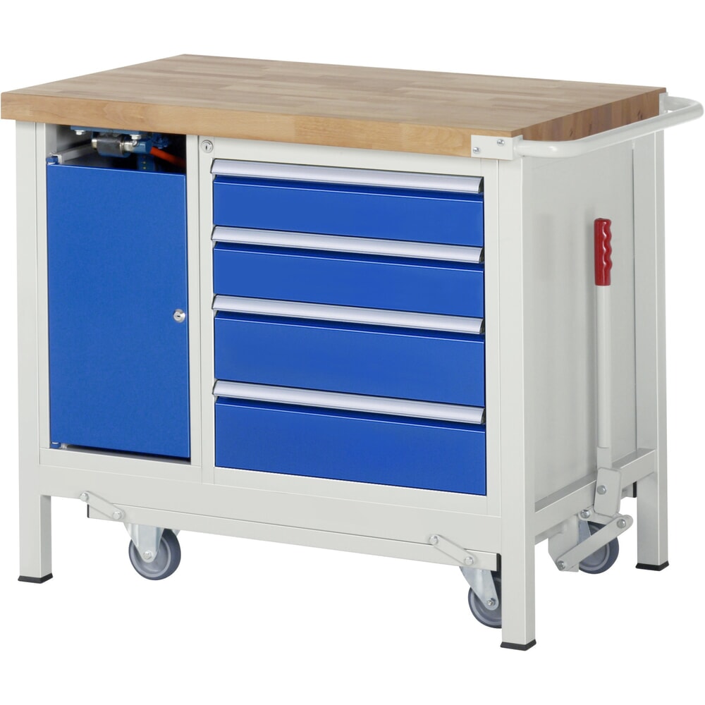 N° de l'image du produit 11 : RAU Établi série 8000 avec rouleur abaissable, 2 caissons, 1 tablette, HxlxP 880 x 1 250 x 700 mm, 5 tiroirs extractibles à 90%