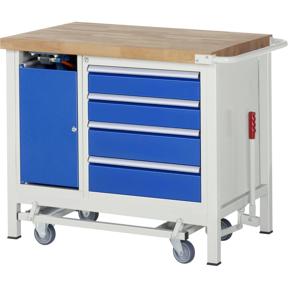 N° de l'image du produit 12 : RAU Établi série 8000 avec rouleur abaissable, 2 caissons, 1 tablette, HxlxP 880 x 1 250 x 700 mm, 5 tiroirs extractibles à 90%