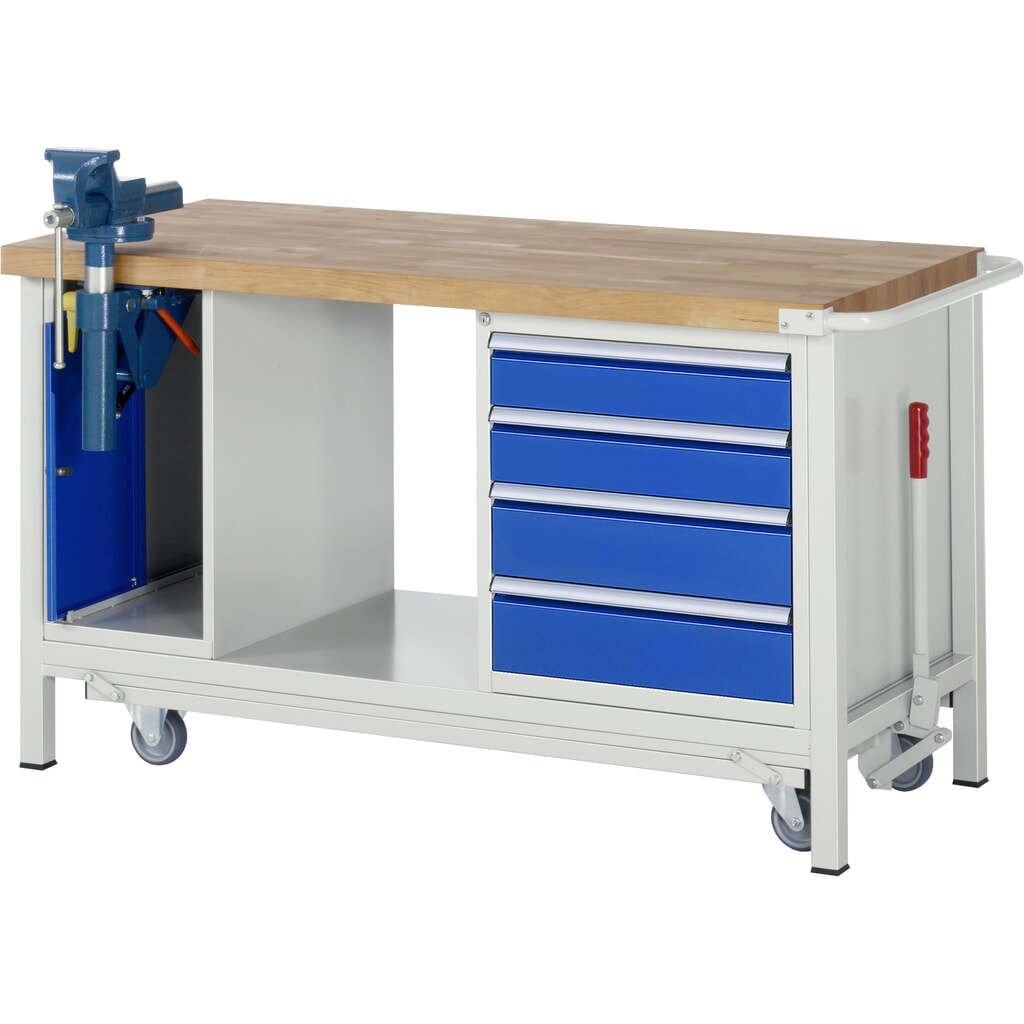 RAU Établi avec châssis série 8000, HxlxP 880 x 1 500 x 700 mm, 1 caisson sous plateau, avec 4 tiroirs et un étau escamotable N° de l'image du produit 1 : RAU Établi avec châssis série 8000, HxlxP 880 x 1 500 x 700 mm, 1 caisson sous plateau, avec 4 tiroirs et un étau escamotable