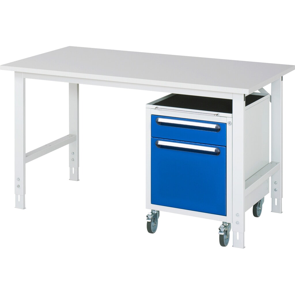 Illustration du produit: RAU Kit d'atelier TOM en 2 parties, avec table de travail, HxlxP 760-1 080 x 1 500 x 800 mm, plan de travail avec revêtement en mélamine, plus caisson à roulettes avec 2 tiroirs, HxlxP 690 x 480 x 600 mm