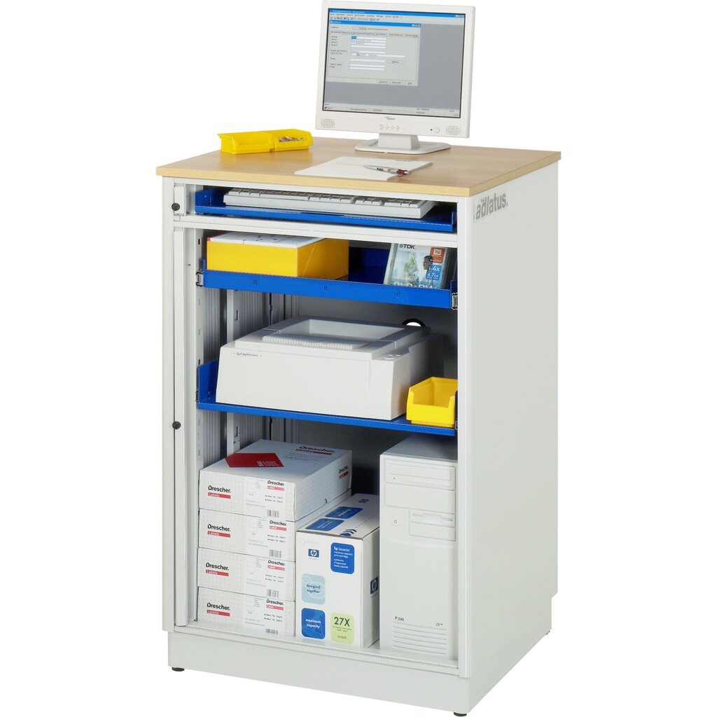 RAU Postes informatiques HxlxP 1 100 x 720 x 660 mm, plateau de travail décor hêtre, avec volet roulant, bloc multiprises N° de l'image du produit 2 : RAU Postes informatiques HxlxP 1 100 x 720 x 660 mm, plateau de travail décor hêtre, avec volet roulant, bloc multiprises