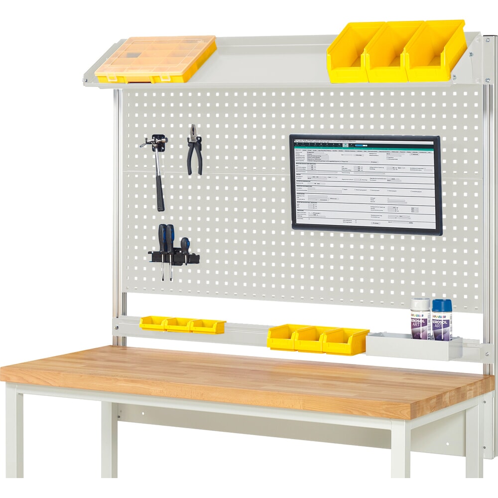 Illustration du produit: Module d’établi RAU, haut. x larg. x prof. 1 130 x 1 500 x 350 mm, avec 1 surface métallique inclinable, 1 rail de fixation et 1 support pour écran plat, kit complet 02 pour largeur de produit 1 500 mm