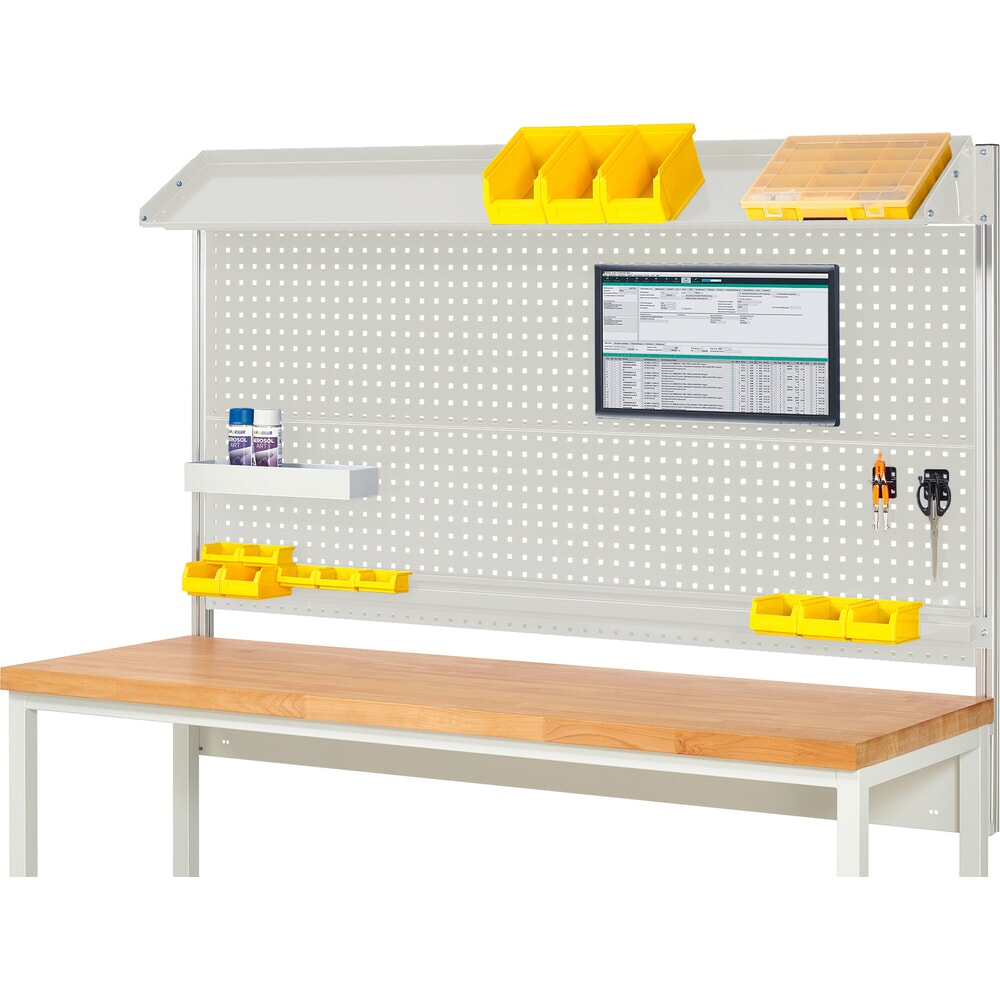 Illustration du produit: Module d’établi RAU, haut. x larg. x prof. 1 130 x 2 000 x 350 mm, avec 1 surface métallique inclinable, 1 rail de fixation et 1 support pour écran plat, kit complet 02 pour largeur de produit 2 000 mm