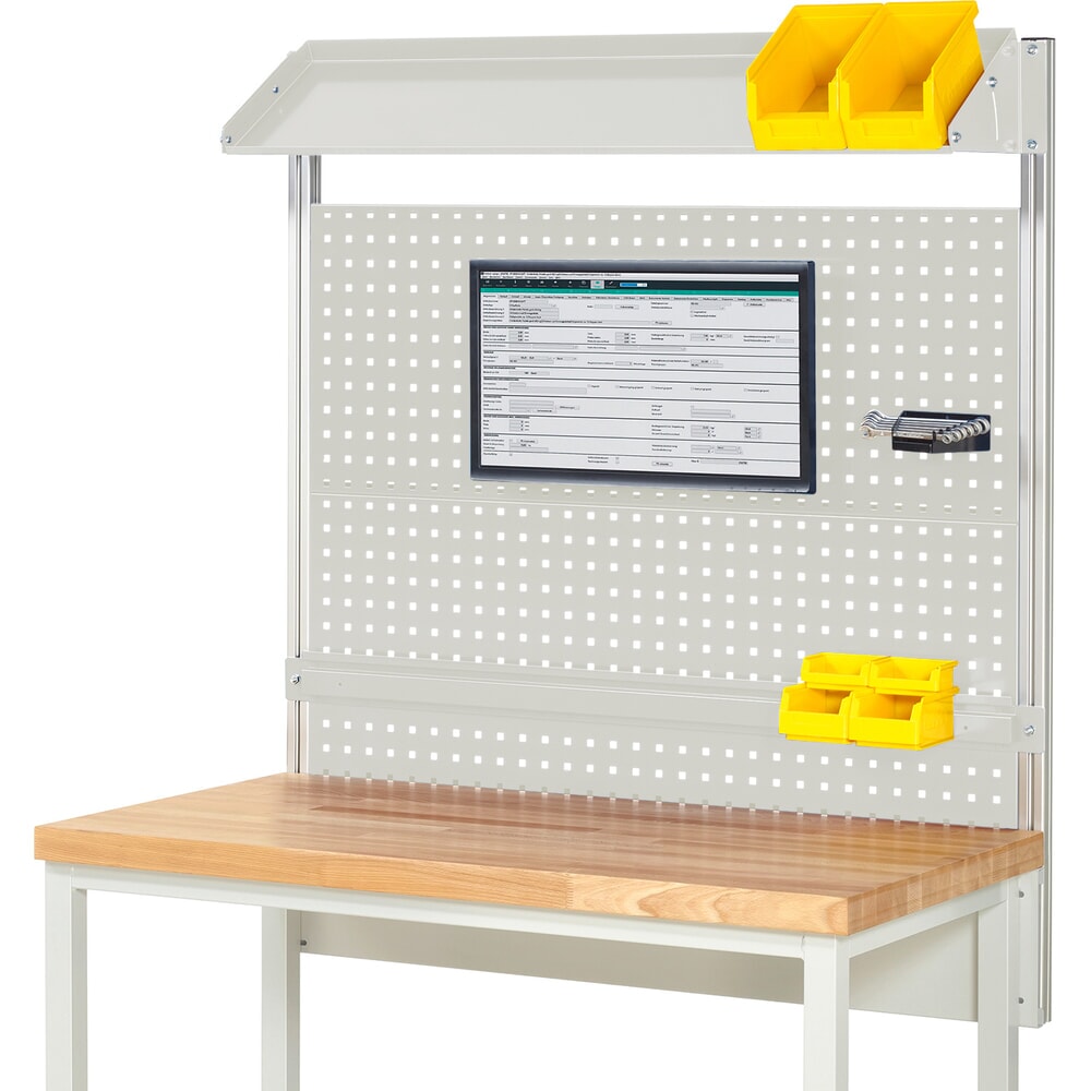 Illustration du produit: Module d’établi RAU, haut. x larg. x prof. 1 130 x 1 250 x 350 mm, avec 1 surface métallique inclinable, 1 rail de fixation et 1 support pour écran plat, kit complet 02 pour largeur de produit 1 250 mm