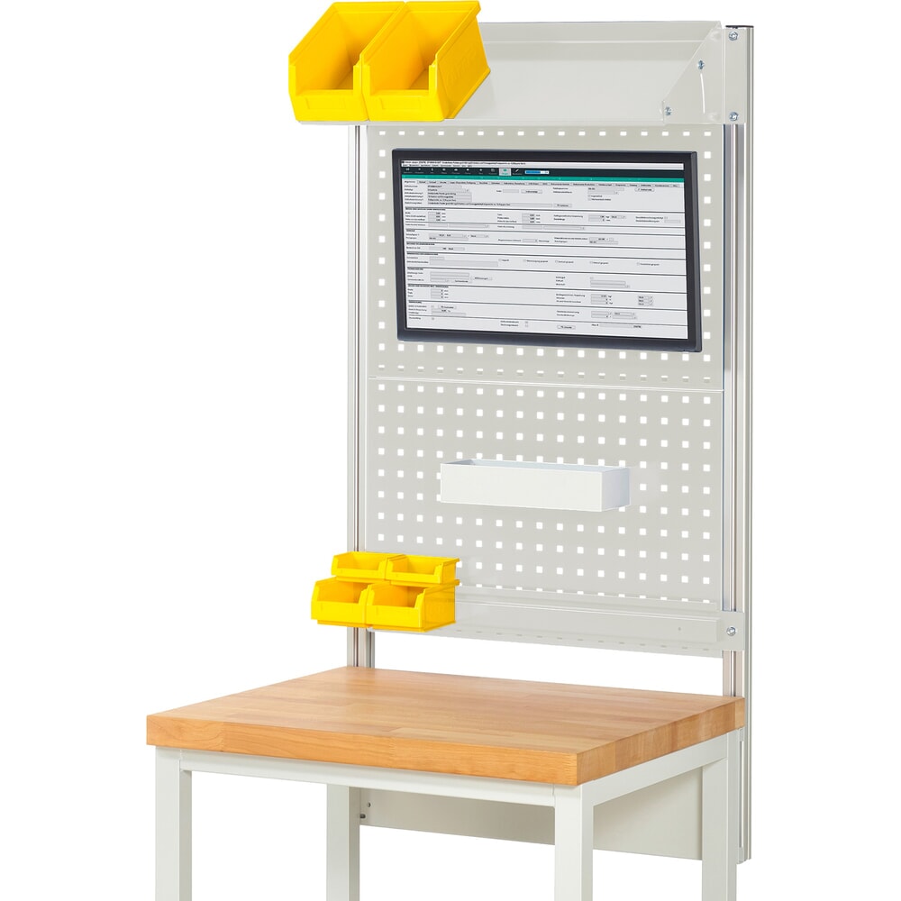 Illustration du produit: Module d’établi RAU, haut. x larg. x prof. 1 130 x 750 x 350 mm, avec 1 surface métallique inclinable, 1 rail de fixation et 1 support pour écran plat, kit complet 02 pour largeur de produit 750 mm