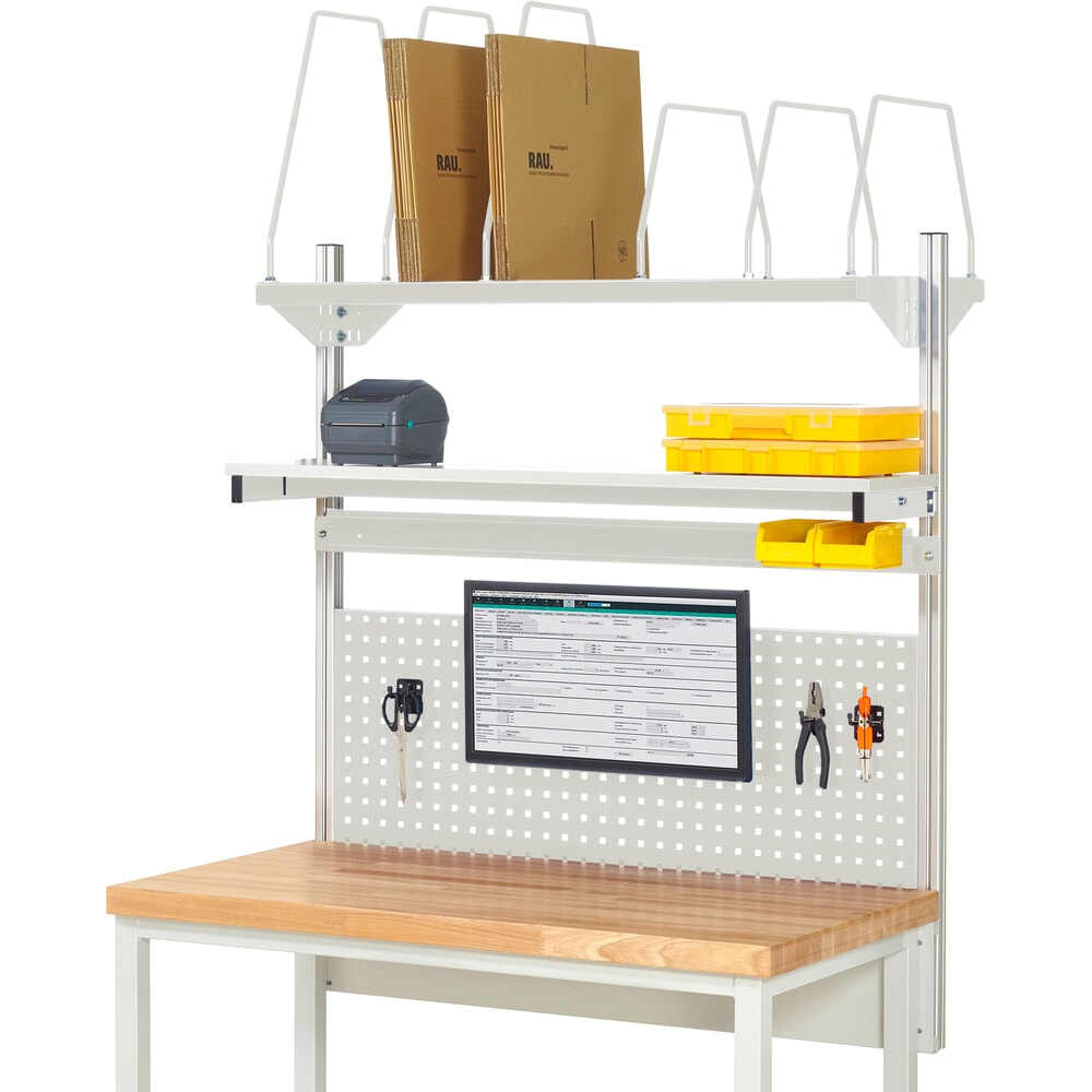 Illustration du produit: Module d’établi RAU, haut. x larg. x prof. 1 130 x 1 250 x 350 mm, avec 1 étagère, 1 rail de fixation et 1 support pour écran plat, kit complet 03 pour largeur de produit 1 250 mm