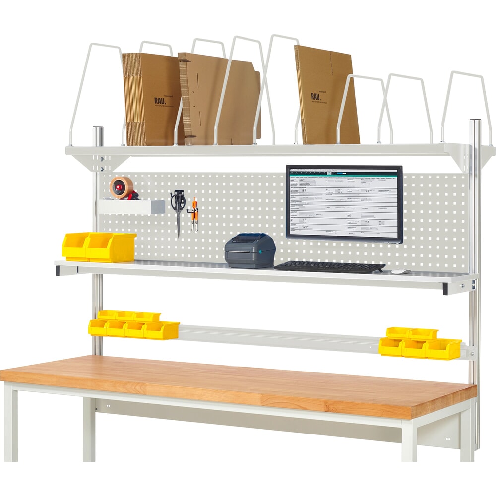 Illustration du produit: Module d’établi RAU, haut. x larg. x prof. 1 130 x 2 000 x 350 mm, avec 1 étagère, 1 rail de fixation et 1 support pour écran plat, kit complet 03 pour largeur de produit 1 500 mm