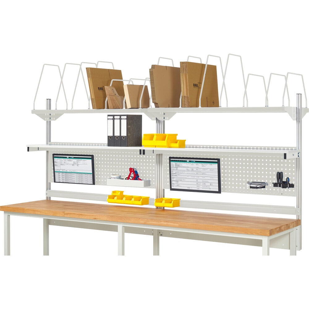 Illustration du produit: Module d’établi RAU, haut. x larg. x prof. 1 130 x 3 000 x 350 mm, avec 2 étagères, 2 rails de fixation et 2 supports pour écran plat, kit complet 03 pour largeur de produit 3 000 mm