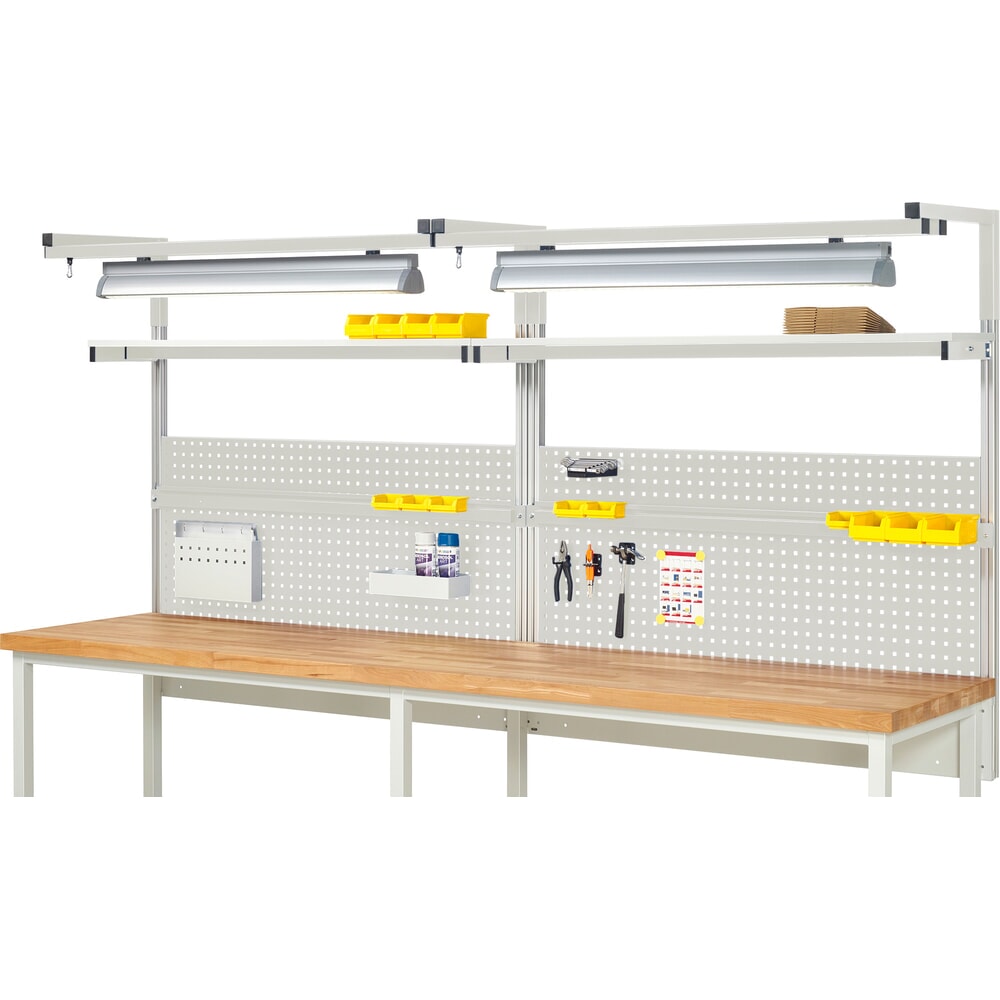 Illustration du produit: Module d’établi RAU, haut. x larg. x prof. 1 380 x 3 000 x 350 mm, avec 2 étagères, 2 rails de fixation, 2 paires de potences et 2 lampes, kit complet 04 pour largeur de produit 3 000 mm