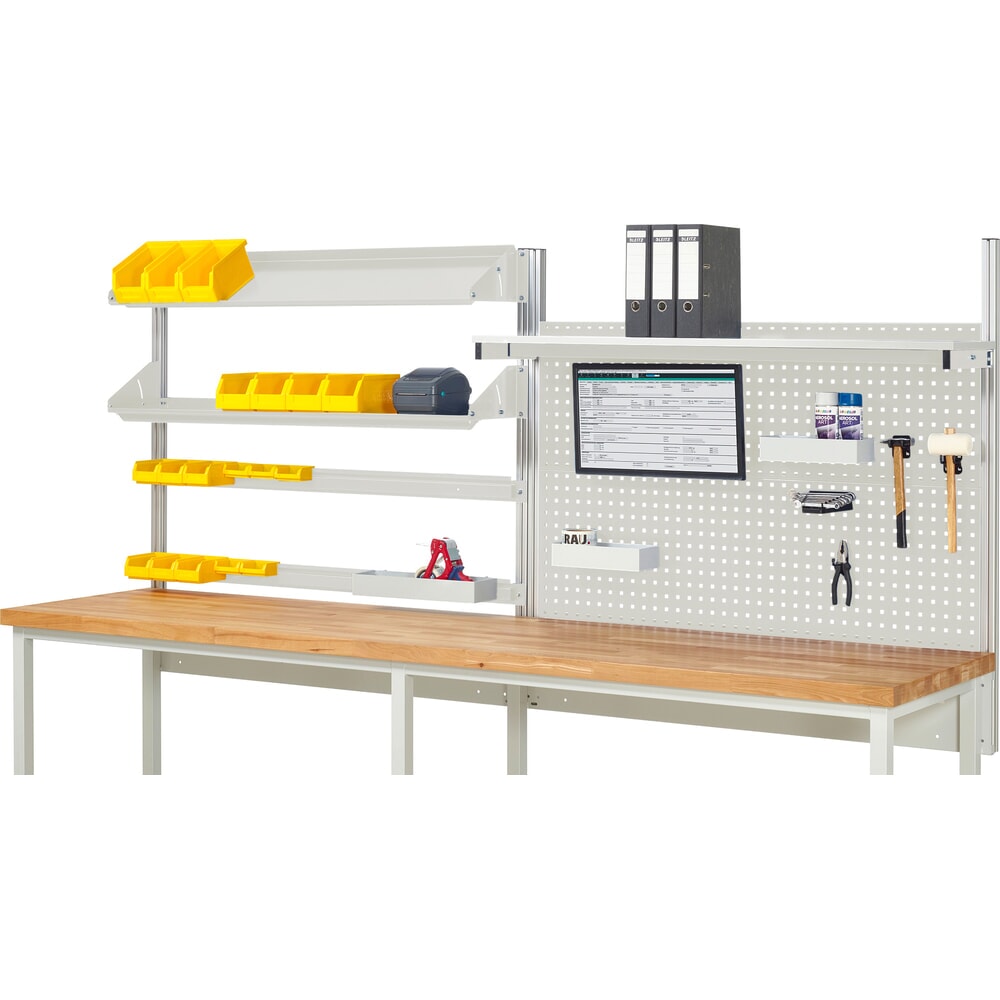 Illustration du produit: Module d’établi RAU, haut. x larg. x prof. 1 130 x 3 000 x 3 000 mm, avec 1 étagère, 2 rails de fixation, 2 surfaces métalliques inclinables et 1 support pour écran plat, kit complet 05 pour largeur de produit 3 000 mm