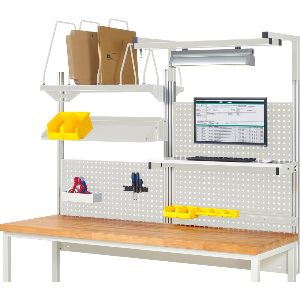Illustration du produit: Module d’établi RAU, haut. x larg. x prof. 1 380 x 2 000 x 2 000 mm, avec 1 étagère, 1 rail de fixation, 1 surface métallique inclinable, 1 support pour écran plat et 1 lampe, kit complet 06 pour largeur de produit 2 000 mm