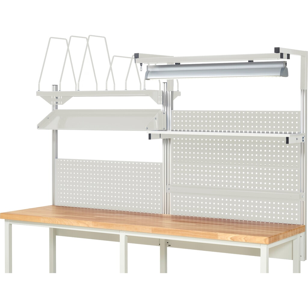 N° de l'image du produit 2 : Module d’établi RAU, haut. x larg. x prof. 1 380 x 2 500 x 2 500 mm, avec 1 étagère, 1 rail de fixation, 1 surface métallique inclinable, 1 support pour écran plat et 1 lampe, kit complet 06 pour largeur de produit 2 500 mm