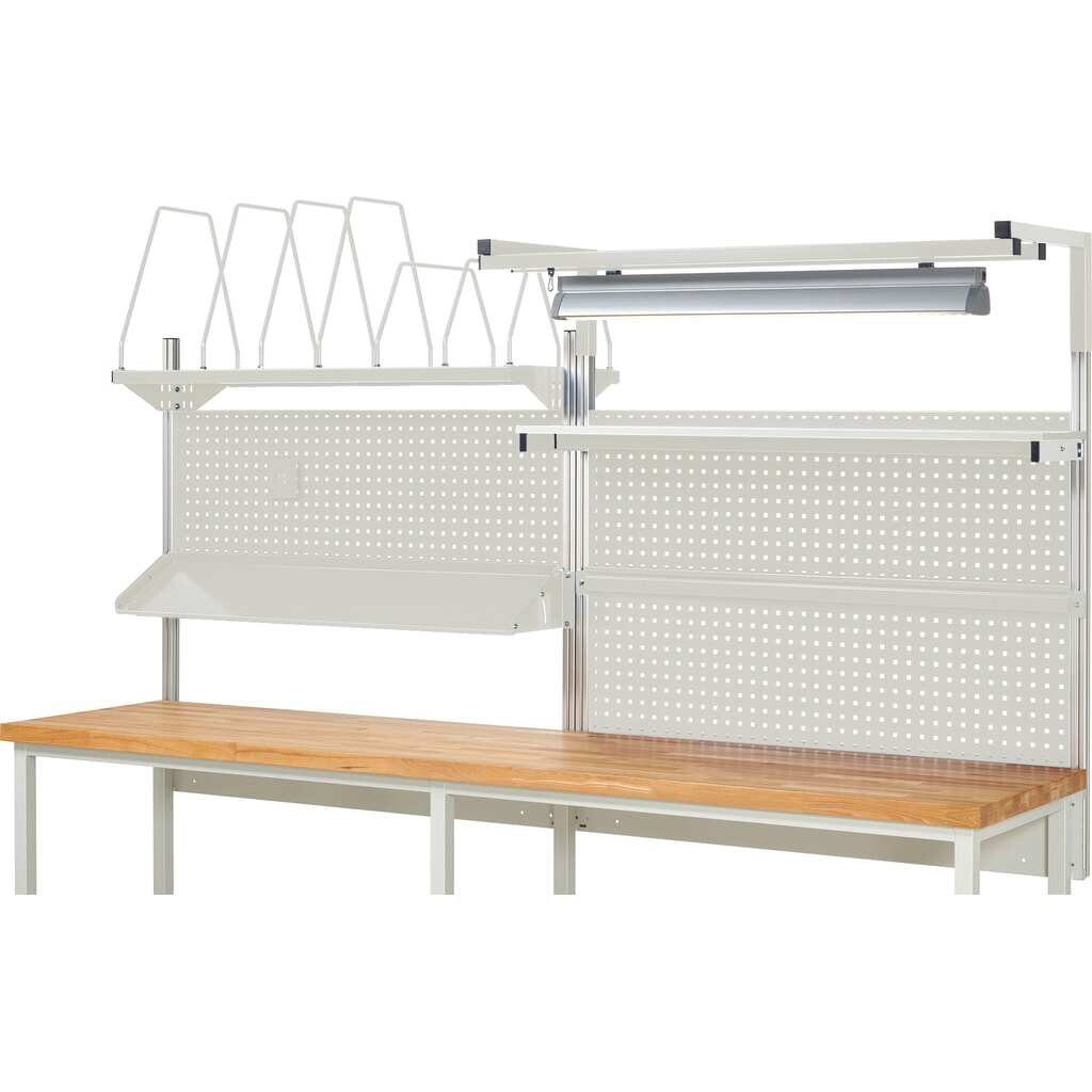 N° de l'image du produit 2 : Module d’établi RAU, haut. x larg. x prof. 1 380 x 3 000 x 3 000 mm, avec 1 étagère, 1 rail de fixation, 1 surface métallique inclinable, 1 support pour écran plat et 1 lampe, kit complet 06 pour largeur de produit 3 000 mm