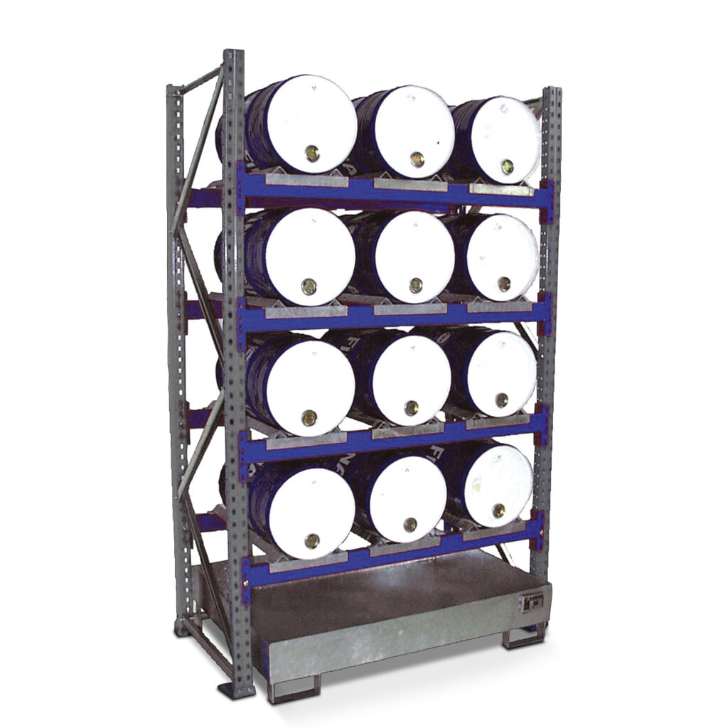 Rayonnage à fûts, bac de rétention compris, module de base, 4 niveaux, sans caillebotis grille 12 x 60 l couchés Illustration du produit: Rayonnage à fûts, bac de rétention compris, module de base, 4 niveaux, sans caillebotis grille 12 x 60 l couchés