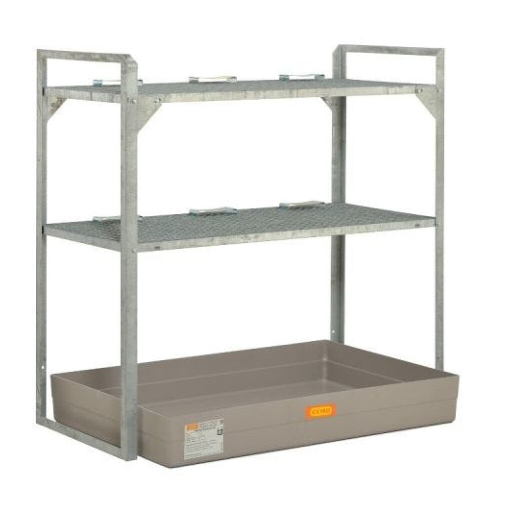 Rayonnage à fûts CEMO pour produits dangereux, bac collecteur en PRV, pour 6 fûts de 60 l, 2 caillebotis Illustration du produit: Rayonnage à fûts CEMO pour produits dangereux, bac collecteur en PRV, pour 6 fûts de 60 l, 2 caillebotis