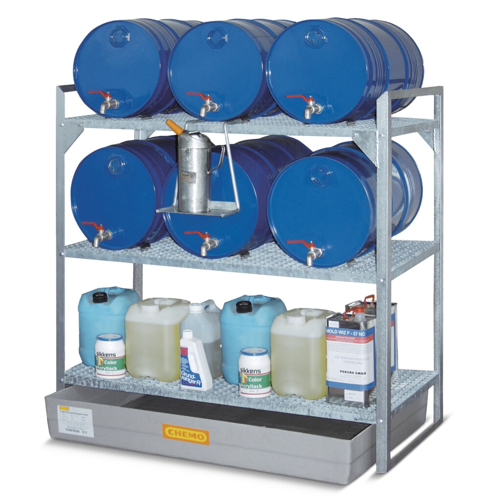 N° de l'image du produit 2 : Rayonnage à fûts CEMO pour produits dangereux, bac collecteur en PRV, pour 6 fûts de 60 l, 2 caillebotis