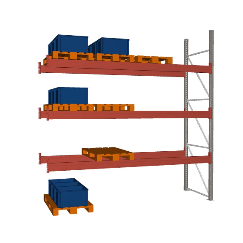 Rayonnage à palettes META MULTIPAL, travée auxiliaire, charge par tablette 3 880 kg, 16 emplacements pour palettes, 3,8 m de hauteur Illustration du produit: Rayonnage à palettes META MULTIPAL, travée auxiliaire, charge par tablette 3 880 kg, 16 emplacements pour palettes, 3,8 m de hauteur