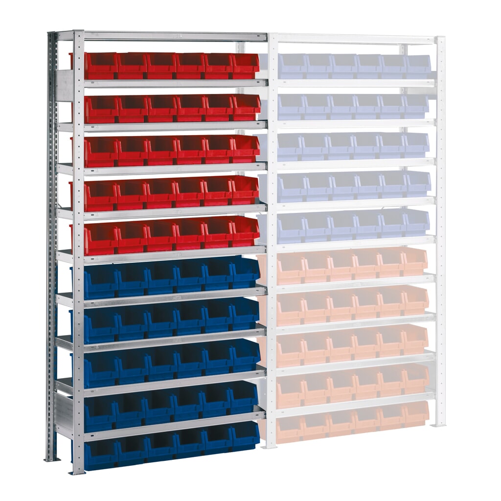 Rayonnage à tablettes META, TA avec bacs à becs, FL 100 kg, 60 bacs, H x l x P 2 000 x 1 000 x 300 mm Illustration du produit: Rayonnage à tablettes META, TA avec bacs à becs, FL 100 kg, 60 bacs, H x l x P 2 000 x 1 000 x 300 mm