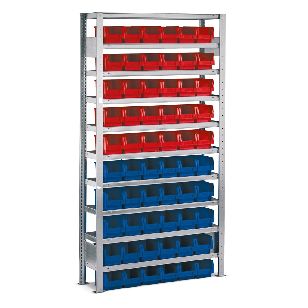 Rayonnage à tablettes META, TB avec bacs à becs, FL 100 kg, 60 bacs, H x l x P 2 000 x 1 000 x 300 mm Illustration du produit: Rayonnage à tablettes META, TB avec bacs à becs, FL 100 kg, 60 bacs, H x l x P 2 000 x 1 000 x 300 mm