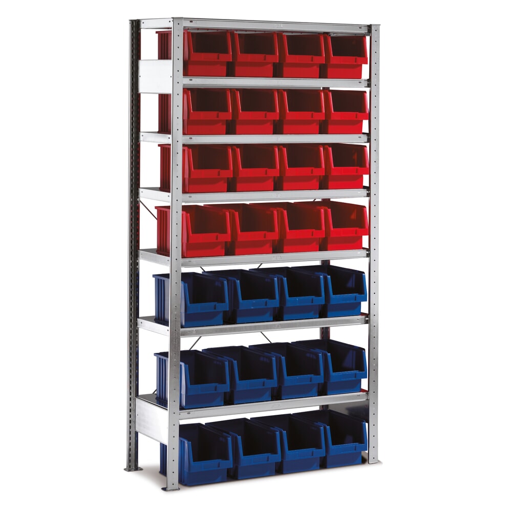 Illustration du produit: Rayonnage à tablettes META, TB avec bacs à becs, FL 100 kg, 28 bacs, H x l x P 2 000 x 1 000 x 400 mm
