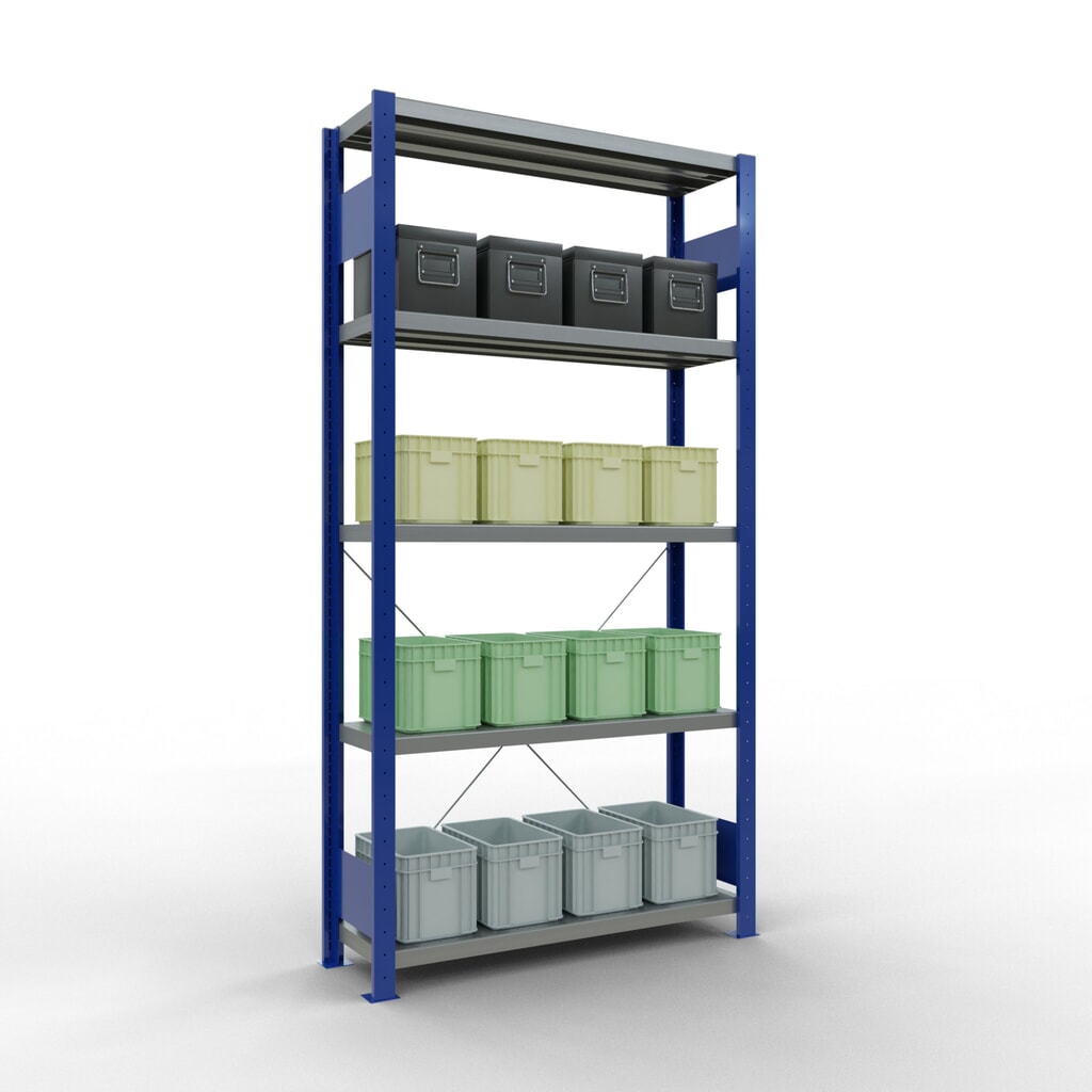 SCHULTE Rayonnage à tablettes, bleu gentiane / galvanisé, avec 5 tablettes en tôle d’acier, charge par tablette 330 kg, HxlxP 2 000 x 1 060 x 336 mm N° de l'image du produit 3 : SCHULTE Rayonnage à tablettes, bleu gentiane / galvanisé, avec 5 tablettes en tôle d’acier, charge par tablette 330 kg, HxlxP 2 000 x 1 060 x 336 mm