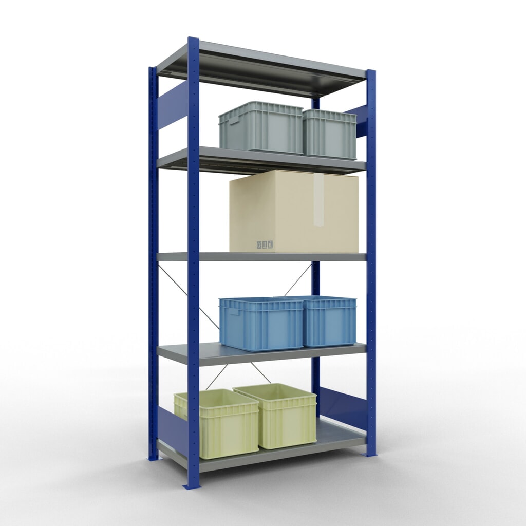 SCHULTE Rayonnage à tablettes, bleu gentiane / galvanisé, avec 5 tablettes en tôle d’acier, charge par tablette 330 kg, HxlxP 2 000 x 1 060 x 536 mm N° de l'image du produit 3 : SCHULTE Rayonnage à tablettes, bleu gentiane / galvanisé, avec 5 tablettes en tôle d’acier, charge par tablette 330 kg, HxlxP 2 000 x 1 060 x 536 mm