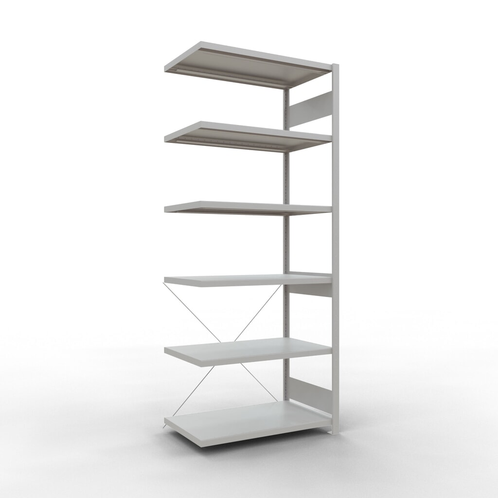 Rayonnage à tablettes SCHULTE, système à emboîter, travée auxiliaire, charge par tablette 330 kg, gris clair, HxlxP 2500 x 1000 x 600 mm Illustration du produit: Rayonnage à tablettes SCHULTE, système à emboîter, travée auxiliaire, charge par tablette 330 kg, gris clair, HxlxP 2500 x 1000 x 600 mm