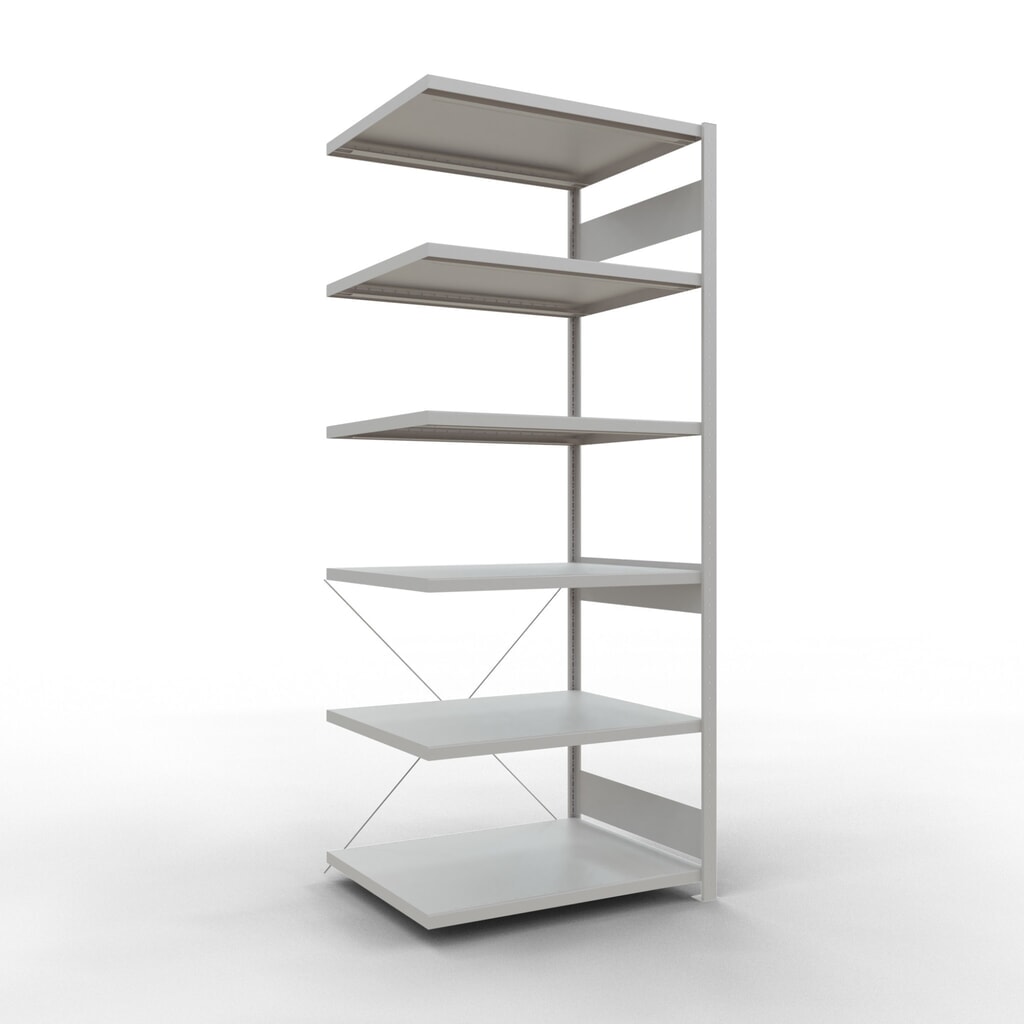 Rayonnage à tablettes SCHULTE, système à emboîter, travée auxiliaire, charge par tablette 330 kg, gris clair, HxlxP 2500 x 1000 x 800 mm Illustration du produit: Rayonnage à tablettes SCHULTE, système à emboîter, travée auxiliaire, charge par tablette 330 kg, gris clair, HxlxP 2500 x 1000 x 800 mm