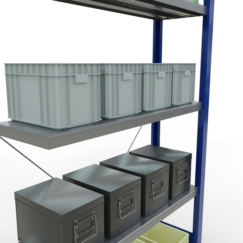 N° de l'image du produit 4 : Rayonnage à tablettes SCHULTE, montage par enfichage, travée auxiliaire, charge par tablette 330 kg, bleu gentiane/galvanisé, H x l x P 2 000 x 1 000 x 300 mm