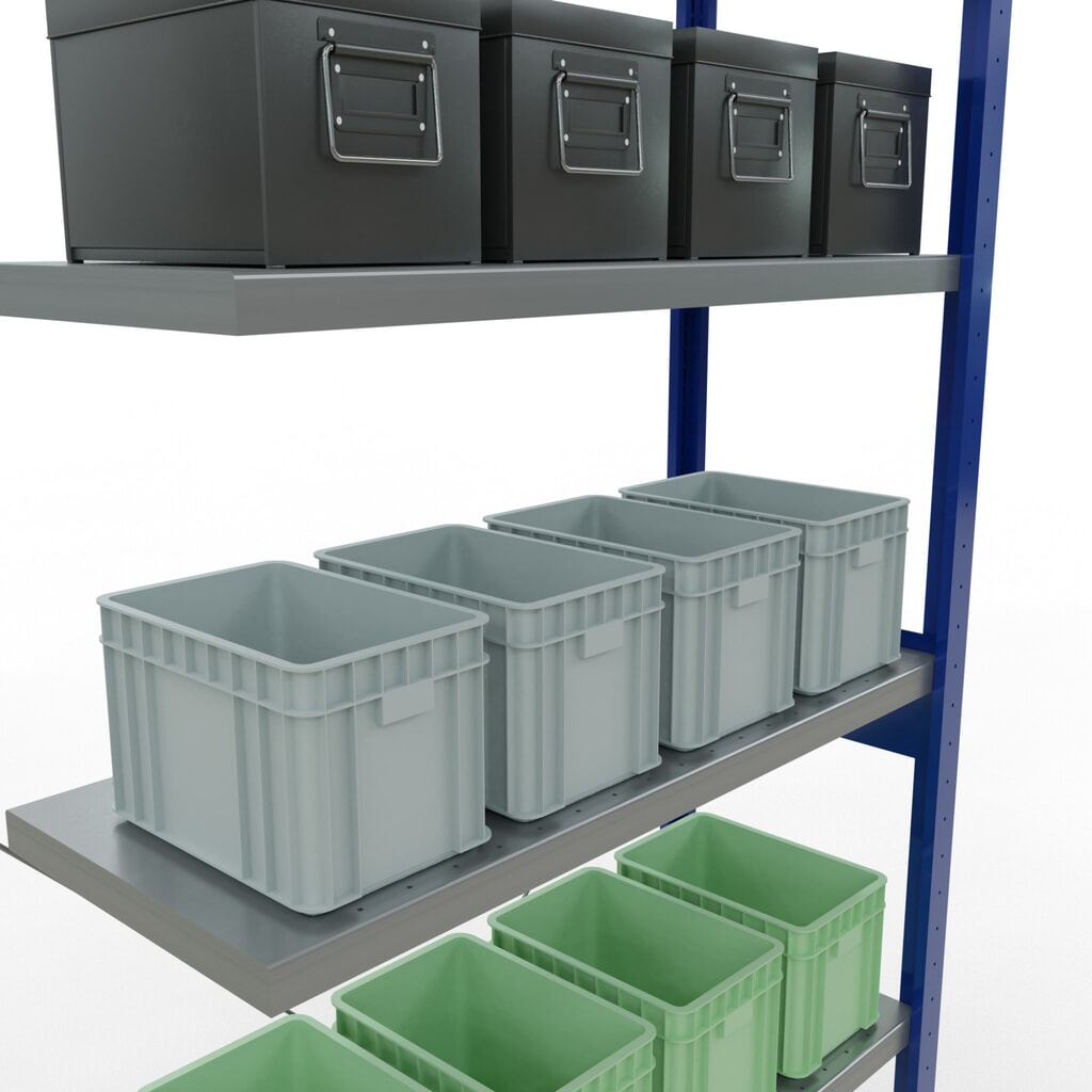 N° de l'image du produit 4 : Rayonnage à tablettes SCHULTE, montage par enfichage, travée auxiliaire, charge par tablette 330 kg, bleu gentiane/galvanisé, H x l x P 2 500 x 1000 x 400 mm
