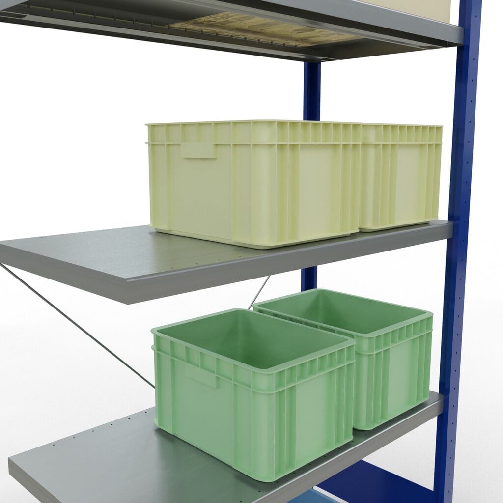 Rayonnage à tablettes SCHULTE, montage par enfichage, travée auxiliaire, charge par tablette 330 kg, bleu gentiane/galvanisé, H x l x P 2000 x 1000 x 500 mm N° de l'image du produit 4 : Rayonnage à tablettes SCHULTE, montage par enfichage, travée auxiliaire, charge par tablette 330 kg, bleu gentiane/galvanisé, H x l x P 2000 x 1000 x 500 mm