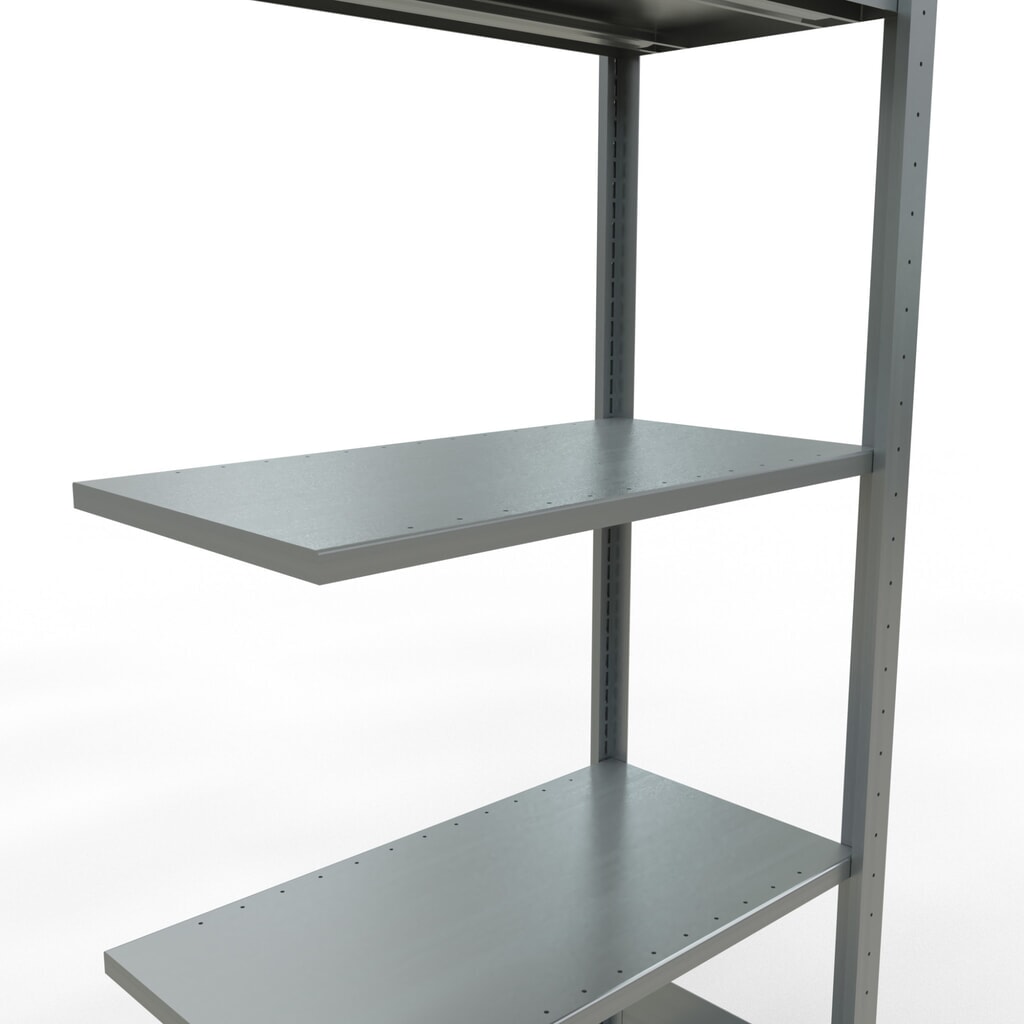 Rayonnage à tablettes SCHULTE, système à emboîter, travée auxiliaire, CT 150 kg, galvanisé, HxlxP 2 000 x 750 x 400 mm N° de l'image du produit 4 : Rayonnage à tablettes SCHULTE, système à emboîter, travée auxiliaire, CT 150 kg, galvanisé, HxlxP 2 000 x 750 x 400 mm