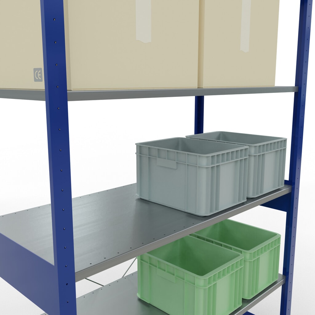 SCHULTE Rayonnage à tablettes, bleu gentiane / galvanisé, charge par tablette 150 kg, HxlxP 2 500 x 1 360 x 636 mm N° de l'image du produit 4 : SCHULTE Rayonnage à tablettes, bleu gentiane / galvanisé, charge par tablette 150 kg, HxlxP 2 500 x 1 360 x 636 mm