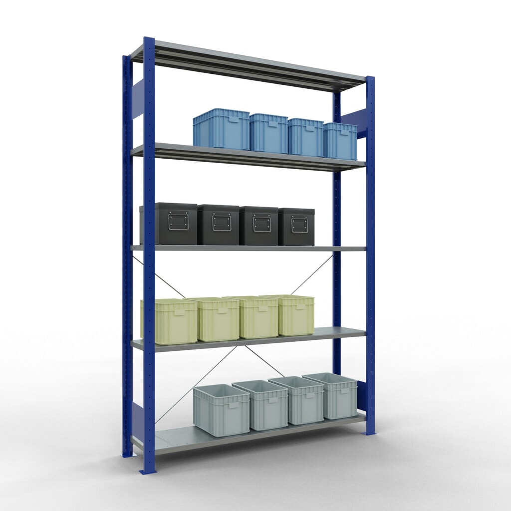 SCHULTE Rayonnage à tablettes, bleu gentiane / galvanisé, avec 5 tablettes en tôle d’acier, charge par tablette 150 kg, HxlxP 2 000 x 1 360 x 336 mm N° de l'image du produit 4 : SCHULTE Rayonnage à tablettes, bleu gentiane / galvanisé, avec 5 tablettes en tôle d’acier, charge par tablette 150 kg, HxlxP 2 000 x 1 360 x 336 mm