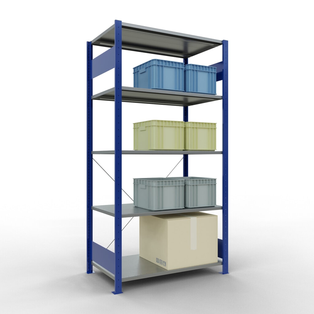 SCHULTE Rayonnage à tablettes, bleu gentiane / galvanisé, avec 5 tablettes en tôle d’acier, charge par tablette 150 kg, HxlxP 2 000 x 1 060 x 636 mm N° de l'image du produit 4 : SCHULTE Rayonnage à tablettes, bleu gentiane / galvanisé, avec 5 tablettes en tôle d’acier, charge par tablette 150 kg, HxlxP 2 000 x 1 060 x 636 mm
