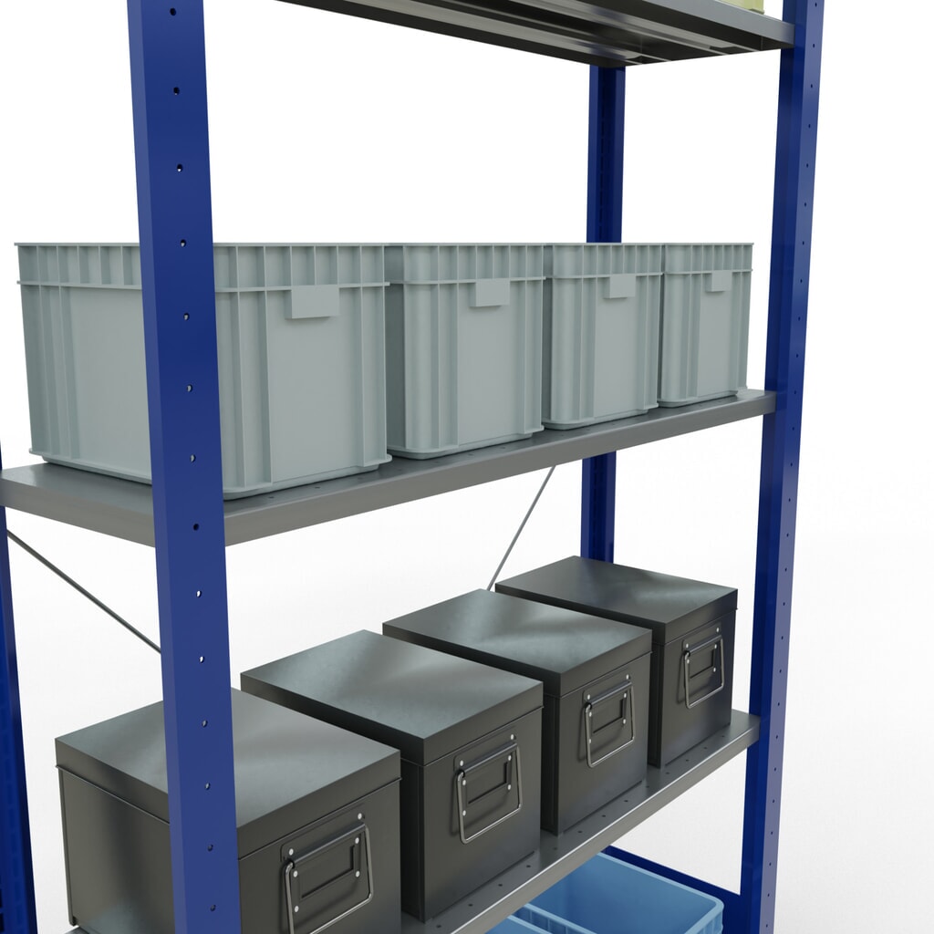 SCHULTE Rayonnage à tablettes, bleu gentiane / galvanisé, avec 5 tablettes en tôle d’acier, charge par tablette 150 kg, HxlxP 2 000 x 1 060 x 336 mm N° de l'image du produit 3 : SCHULTE Rayonnage à tablettes, bleu gentiane / galvanisé, avec 5 tablettes en tôle d’acier, charge par tablette 150 kg, HxlxP 2 000 x 1 060 x 336 mm