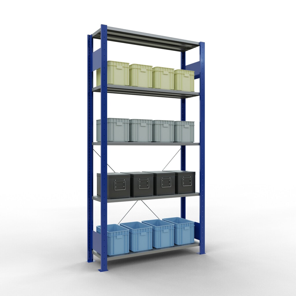 SCHULTE Rayonnage à tablettes, bleu gentiane / galvanisé, avec 5 tablettes en tôle d’acier, charge par tablette 150 kg, HxlxP 2 000 x 1 060 x 336 mm N° de l'image du produit 4 : SCHULTE Rayonnage à tablettes, bleu gentiane / galvanisé, avec 5 tablettes en tôle d’acier, charge par tablette 150 kg, HxlxP 2 000 x 1 060 x 336 mm
