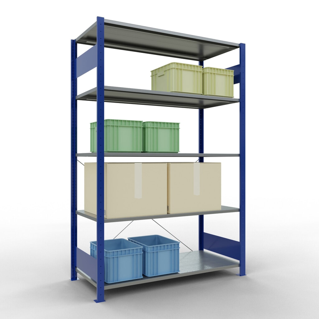 N° de l'image du produit 3 : SCHULTE Rayonnage à tablettes, bleu gentiane / galvanisé, avec 5 tablettes en tôle d’acier, charge par tablette 150 kg, HxlxP 2 000 x 1 360 x 636 mm