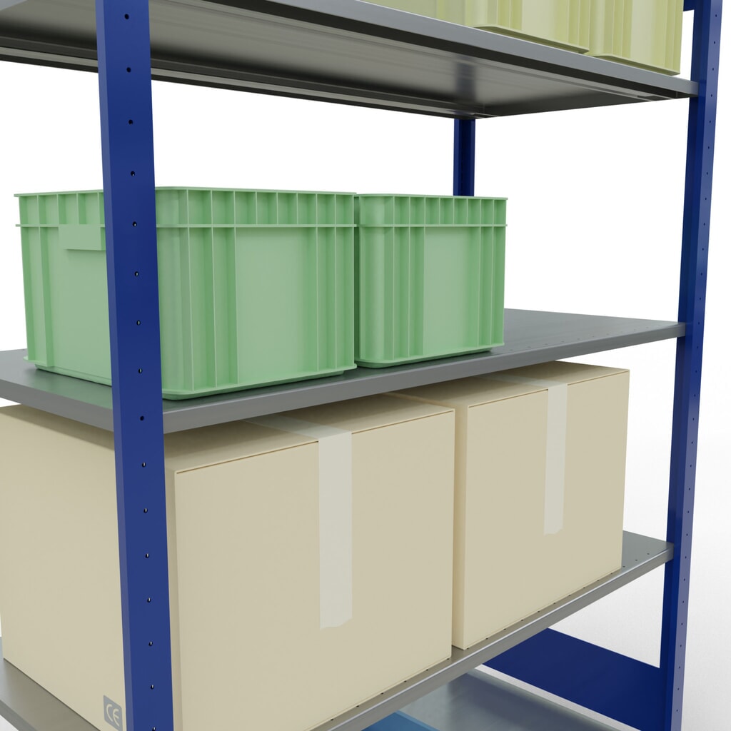 N° de l'image du produit 4 : SCHULTE Rayonnage à tablettes, bleu gentiane / galvanisé, avec 5 tablettes en tôle d’acier, charge par tablette 150 kg, HxlxP 2 000 x 1 360 x 636 mm