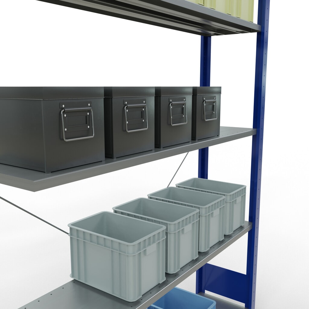 N° de l'image du produit 2 : Rayonnage à tablettes SCHULTE, système enfichable, travée auxiliaire, CT 150 kg, bleu gentiane/galvanisé, H x l x P 2 000 x 1 300 x 300 mm