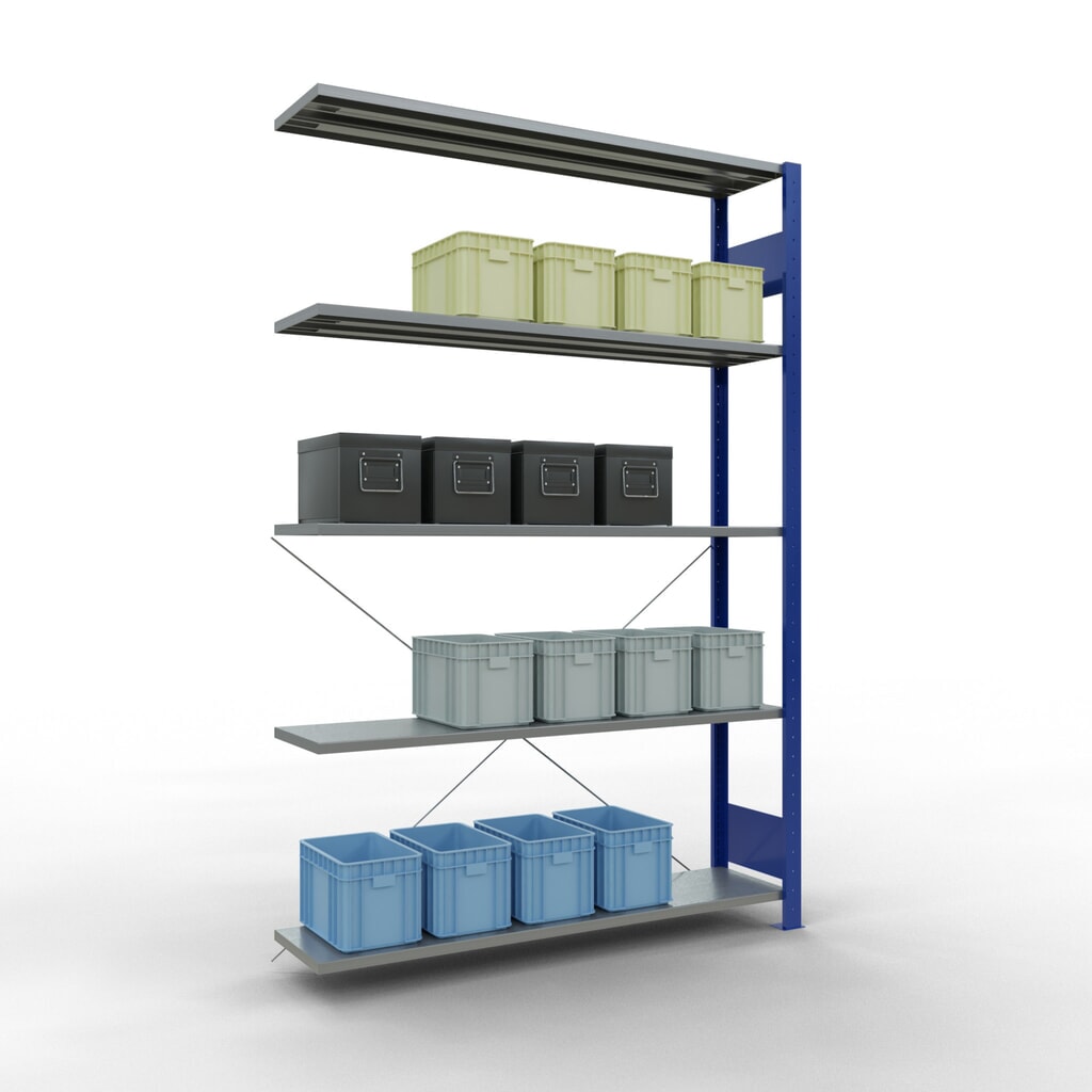 N° de l'image du produit 3 : Rayonnage à tablettes SCHULTE, système enfichable, travée auxiliaire, CT 150 kg, bleu gentiane/galvanisé, H x l x P 2 000 x 1 300 x 300 mm