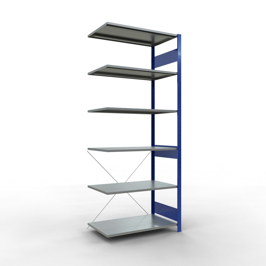Rayonnage à tablettes SCHULTE, système enfichable, travée auxiliaire, CT 150 kg, bleu gentiane/galvanisé, H x l x P 2 500 x 1 000 x 600 mm Illustration du produit: Rayonnage à tablettes SCHULTE, système enfichable, travée auxiliaire, CT 150 kg, bleu gentiane/galvanisé, H x l x P 2 500 x 1 000 x 600 mm