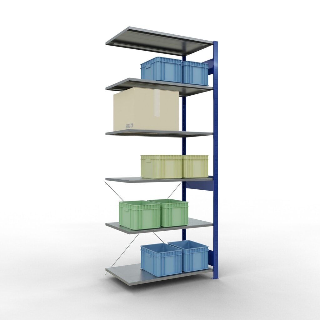 N° de l'image du produit 4 : Rayonnage à tablettes SCHULTE, système enfichable, travée auxiliaire, CT 150 kg, bleu gentiane/galvanisé, H x l x P 2 500 x 1 000 x 600 mm