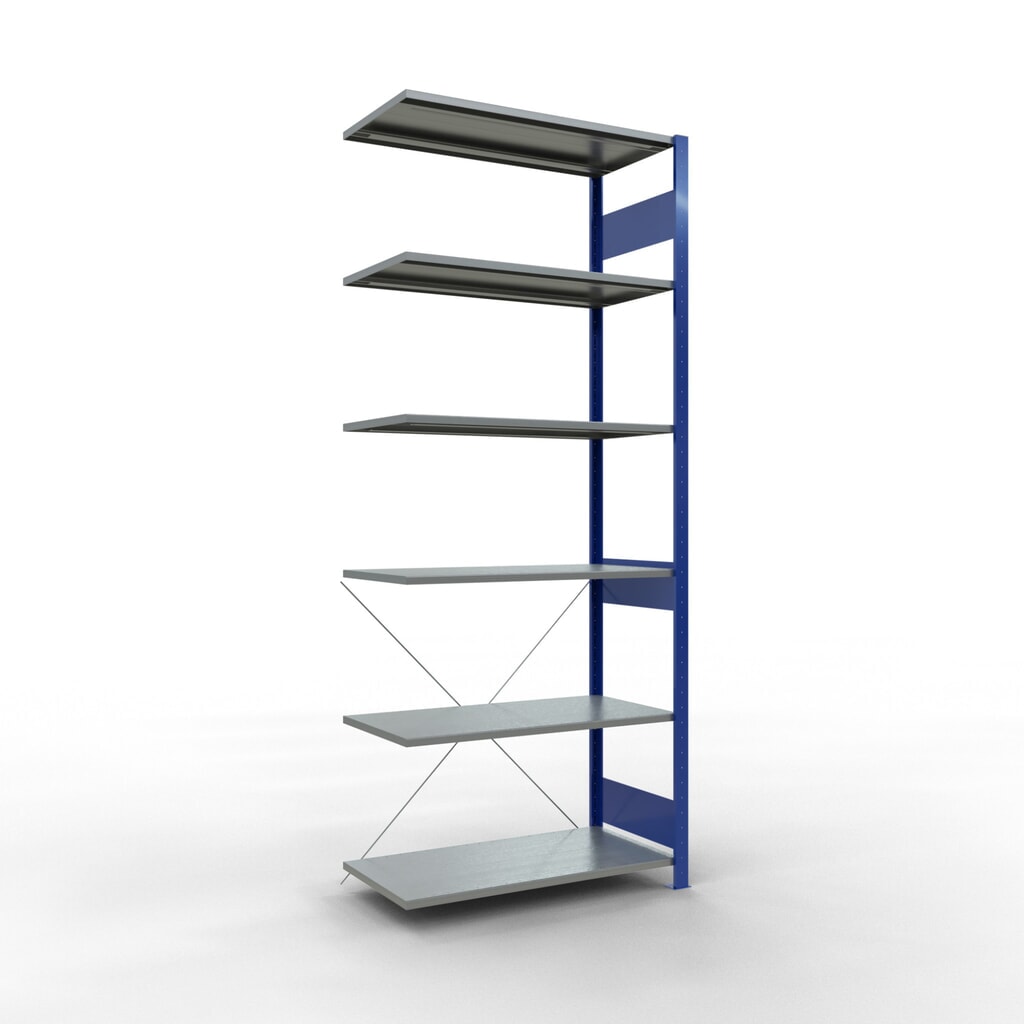 Rayonnage à tablettes SCHULTE, système enfichable, travée auxiliaire, CT 150 kg, bleu gentiane/galvanisé, H x l x P 2 500 x 1 000 x 500 mm Illustration du produit: Rayonnage à tablettes SCHULTE, système enfichable, travée auxiliaire, CT 150 kg, bleu gentiane/galvanisé, H x l x P 2 500 x 1 000 x 500 mm