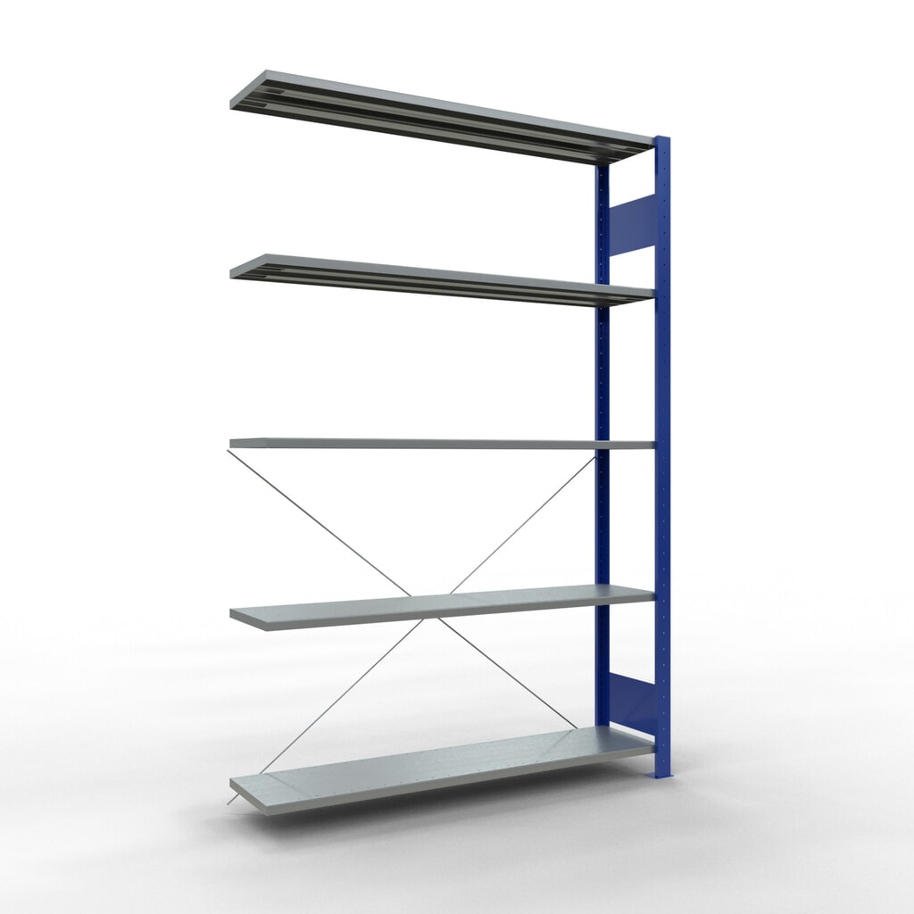Rayonnage à tablettes SCHULTE, système enfichable, travée auxiliaire, CT 150 kg, bleu gentiane/galvanisé, H x l x P 2 000 x 1 300 x 300 mm Illustration du produit: Rayonnage à tablettes SCHULTE, système enfichable, travée auxiliaire, CT 150 kg, bleu gentiane/galvanisé, H x l x P 2 000 x 1 300 x 300 mm