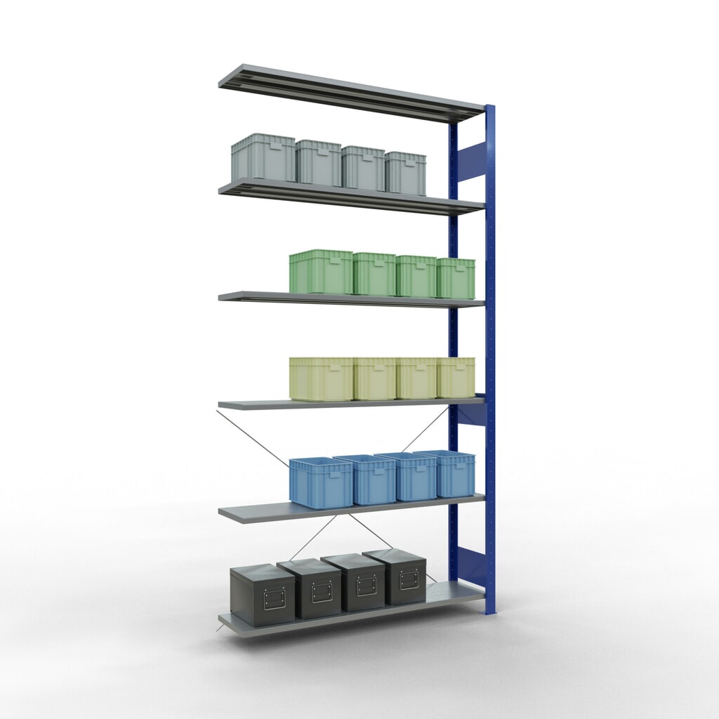 N° de l'image du produit 3 : Rayonnage à tablettes SCHULTE, système enfichable, travée auxiliaire, CT 150 kg, bleu gentiane/galvanisé, H x l x P 2 500 x 1 300 x 300 mm