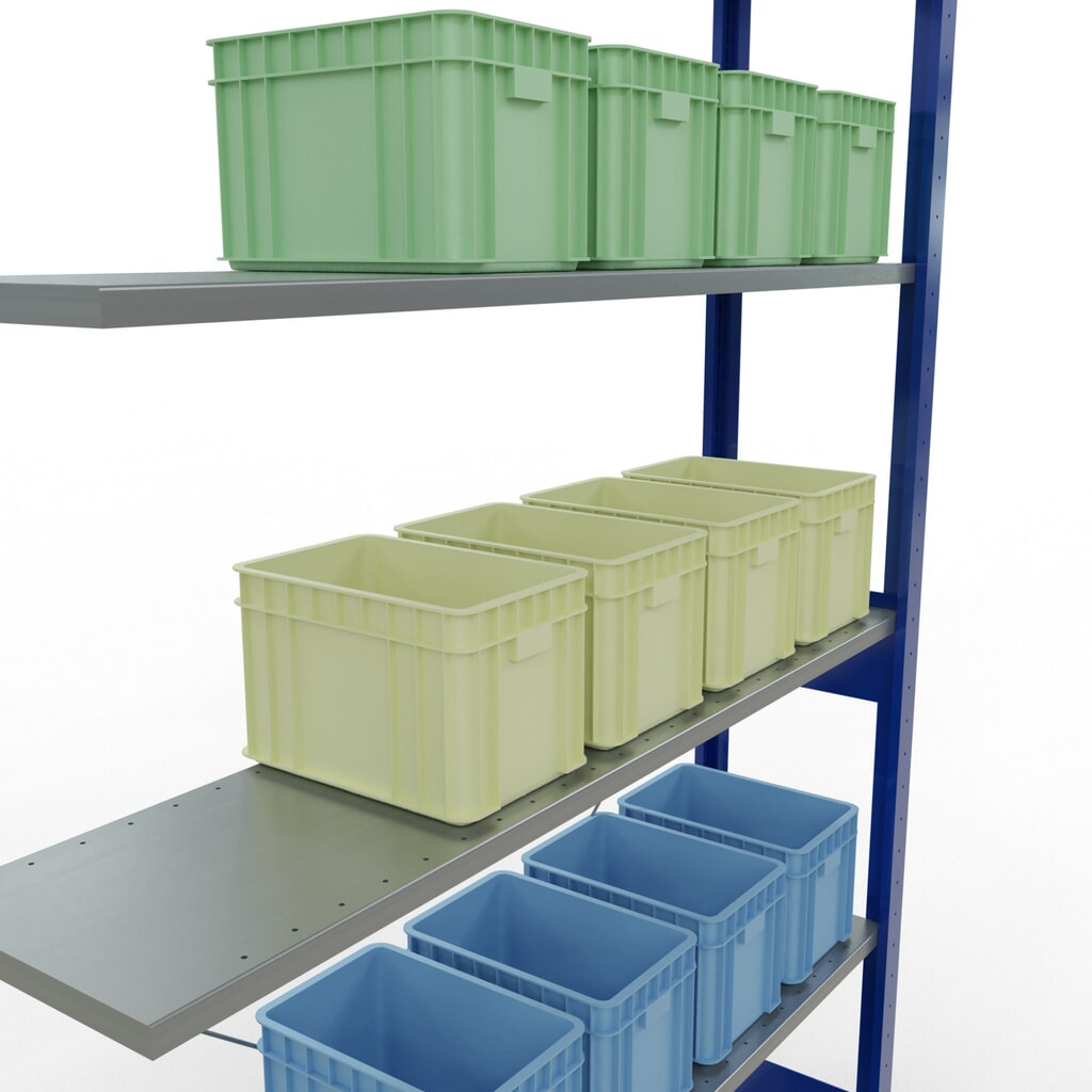 N° de l'image du produit 4 : Rayonnage à tablettes SCHULTE, système enfichable, travée auxiliaire, CT 150 kg, bleu gentiane/galvanisé, H x l x P 2 500 x 1 300 x 300 mm