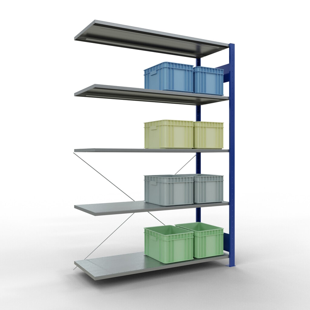 Rayonnage à tablettes SCHULTE, système enfichable, travée auxiliaire, CT 150 kg, bleu gentiane/galvanisé, H x l x P 2 000 x 1 300 x 500 mm N° de l'image du produit 3 : Rayonnage à tablettes SCHULTE, système enfichable, travée auxiliaire, CT 150 kg, bleu gentiane/galvanisé, H x l x P 2 000 x 1 300 x 500 mm