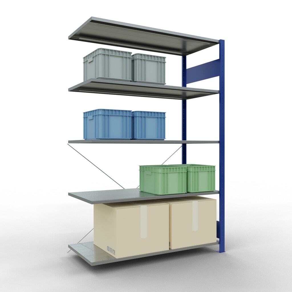 N° de l'image du produit 3 : Rayonnage à tablettes SCHULTE, système enfichable, travée auxiliaire, CT 150 kg, bleu gentiane/galvanisé, H x l x P 2 000 x 1 300 x 600 mm